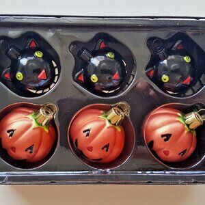 Vintage HALLOWEEN Mini Glass ORNAMENTS HALLMARK Pumpkin Black Cat Boxed